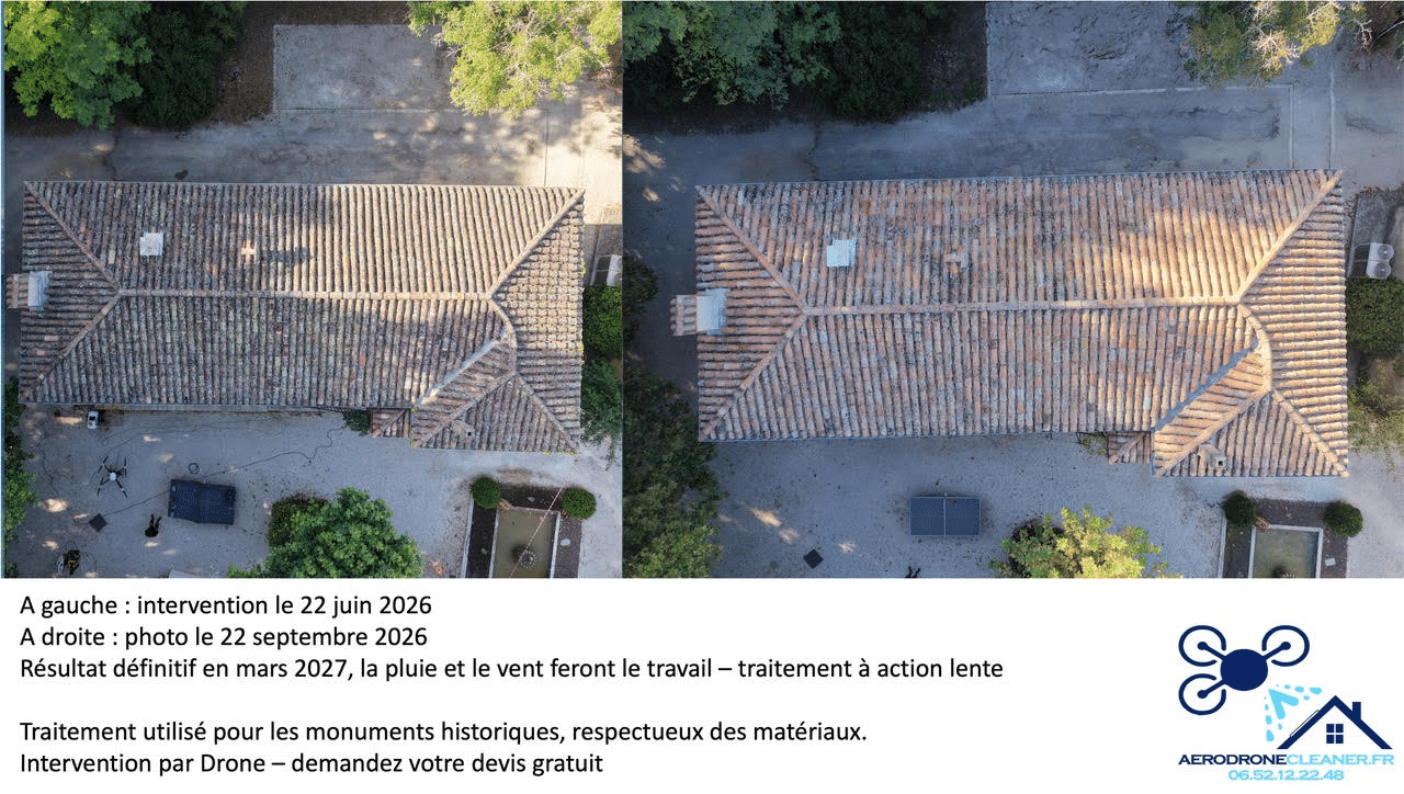 Toiture en tuiles avant et après démoussage par drone, traitement à action lente