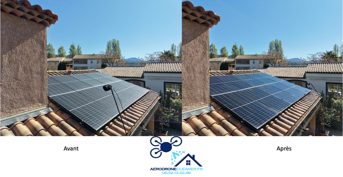 Avant après nettoyage de panneaux photovoltaïques sur toiture en tuiles par drone