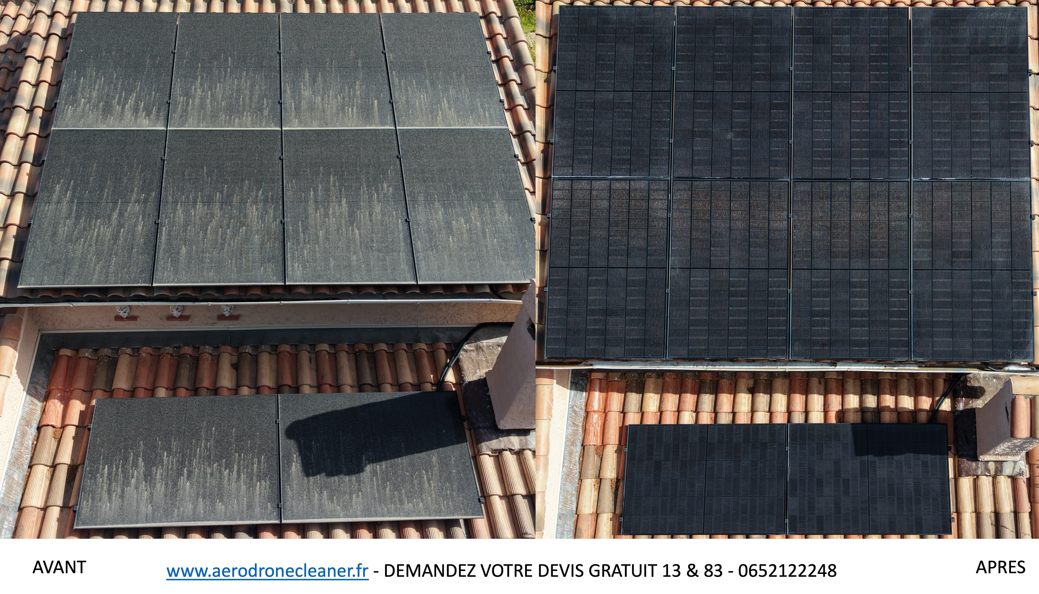 Avant après nettoyage de panneaux solaires très encrassés par drone, vue aérienne