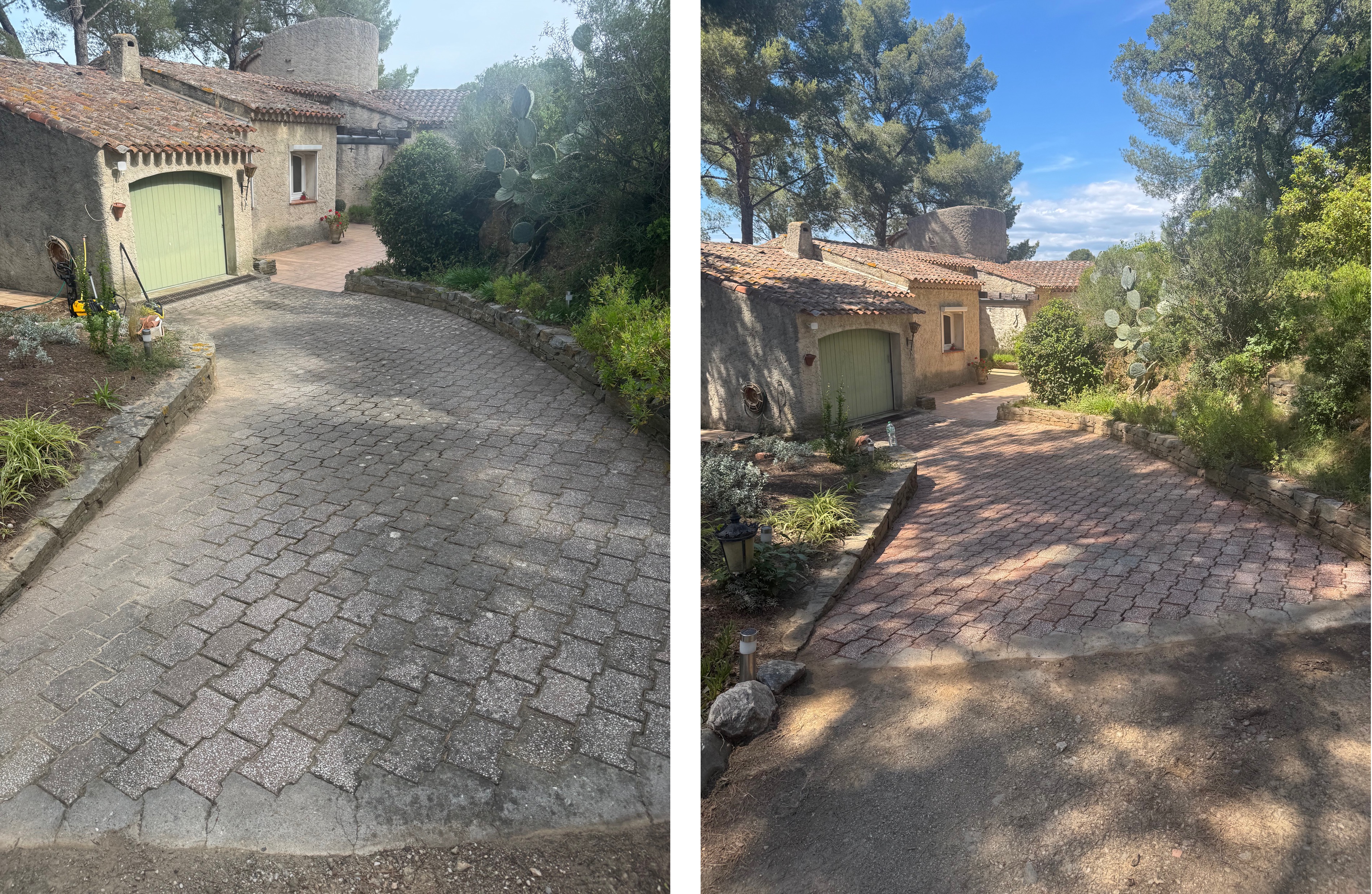 Cour en dallage de pierre naturelle avant et après nettoyage et démoussage