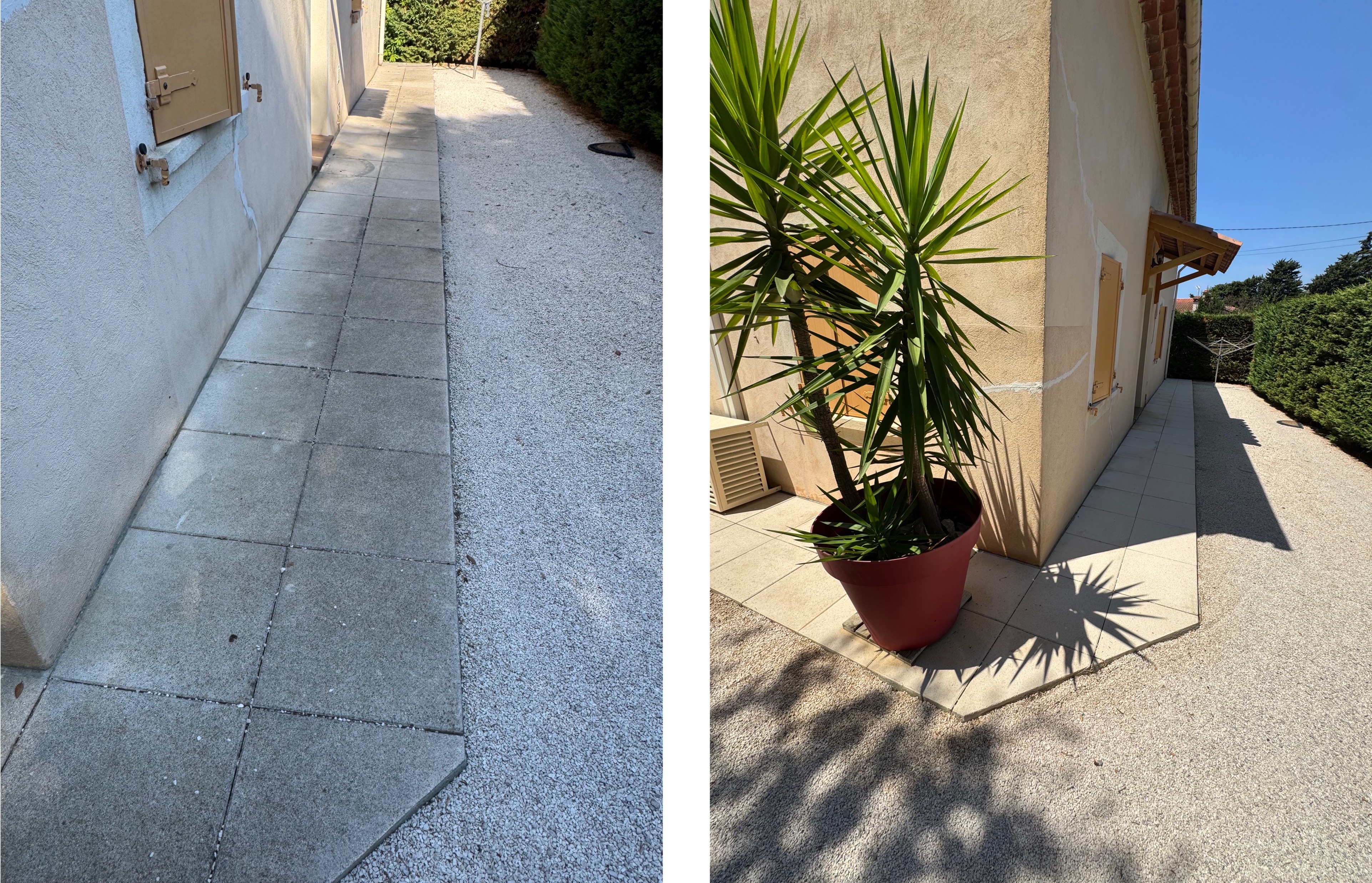 Terrasse en dalles béton le long d'une maison avant et après nettoyage