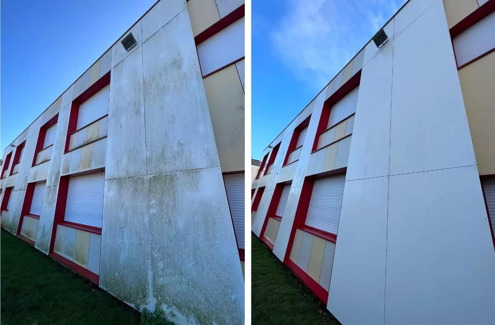 Bardage de bâtiment collectif très encrassé avant et après nettoyage par drone