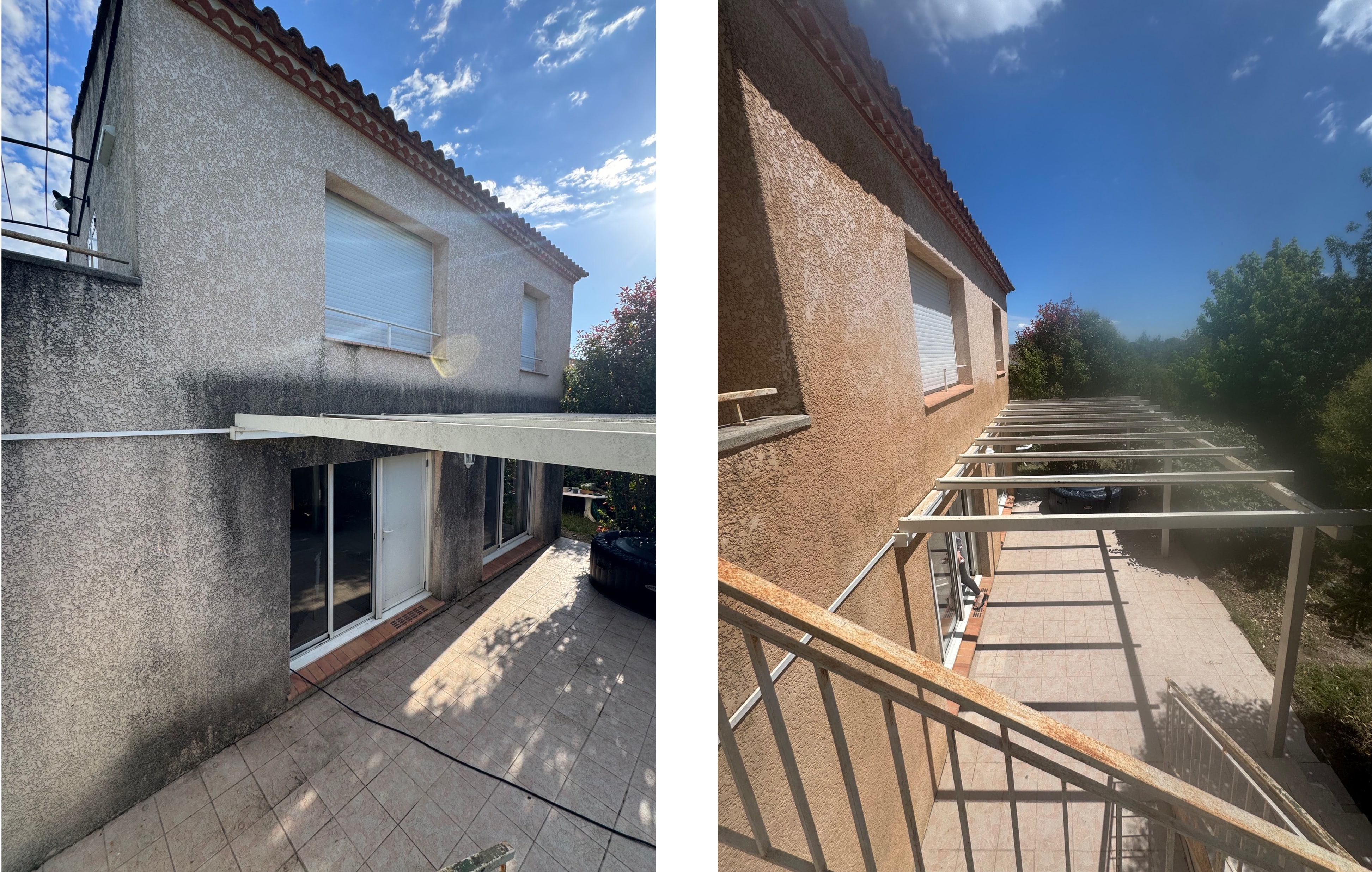 Façade encrassée avant et après nettoyage par drone sur une maison provençale