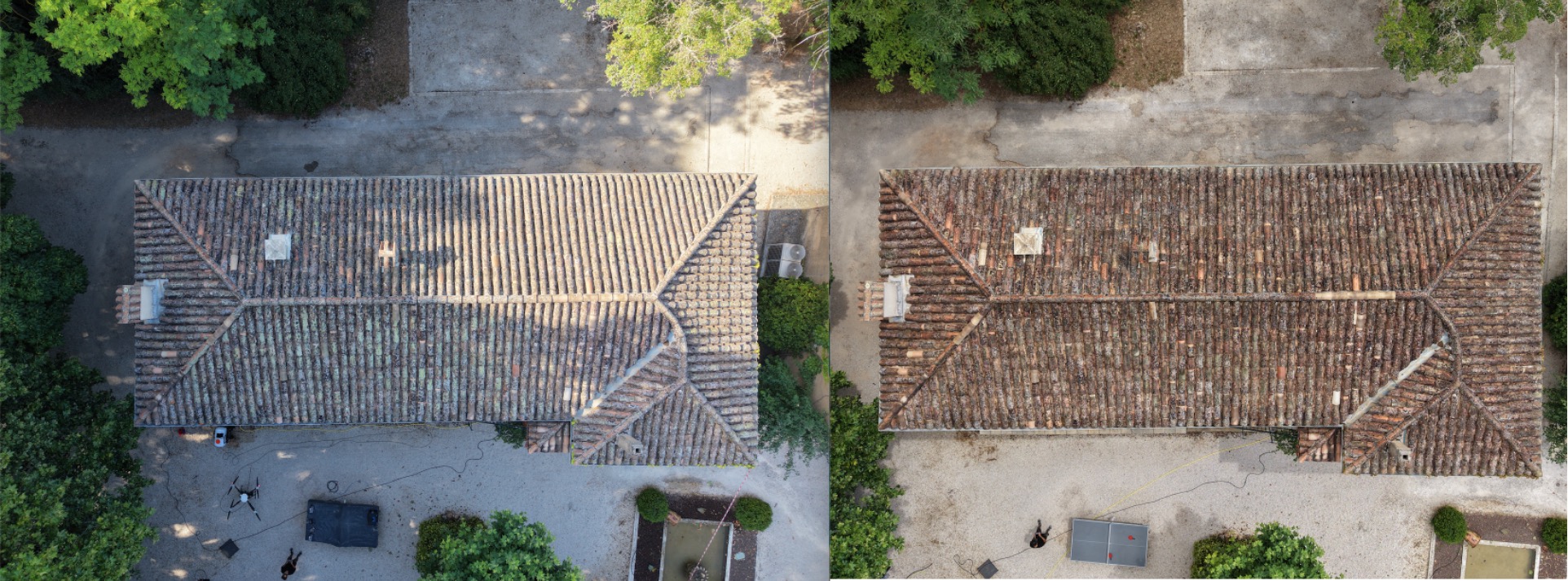 Vue aérienne d'une toiture en tuiles avant et après nettoyage par drone à La Ciotat