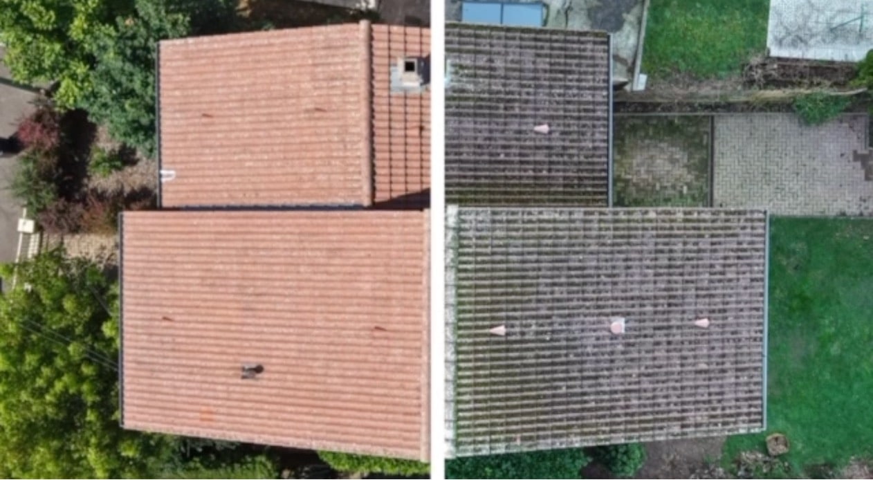 Vue aérienne de toitures avant et après nettoyage et démoussage par drone