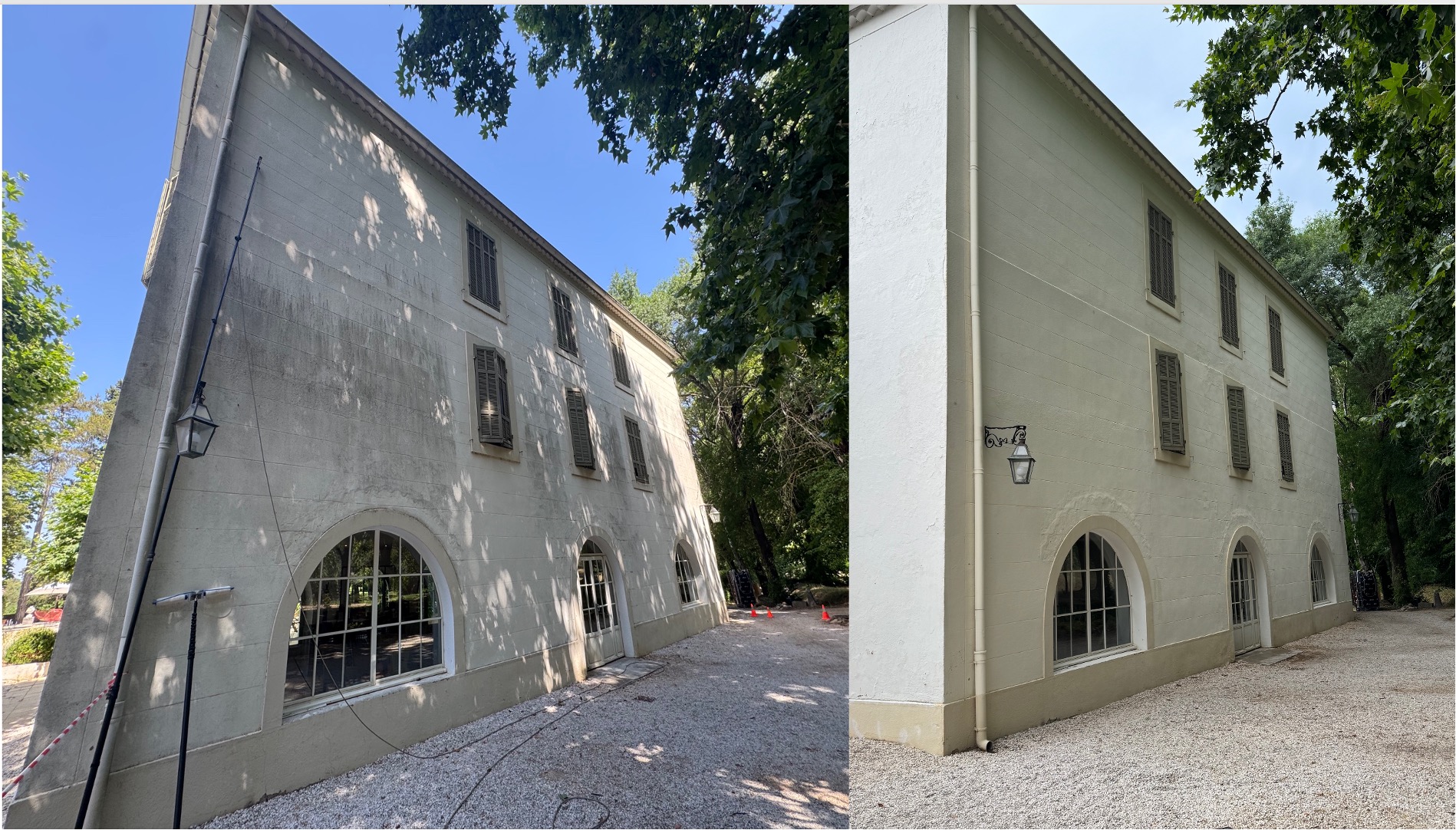 Façade de bastide avant et après nettoyage par drone à Saint-Cyr-sur-Mer