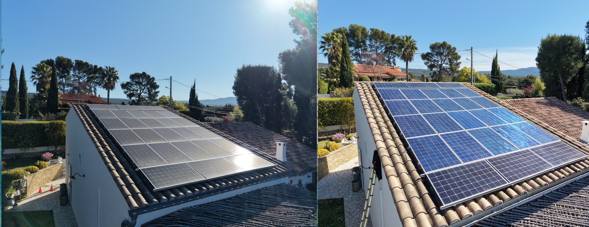 Panneaux photovoltaïques avant et après nettoyage sur une villa provençale