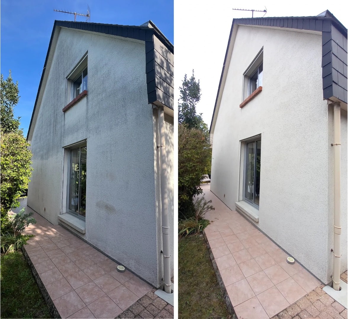 Façade de maison aux traces vertes avant et après nettoyage par drone