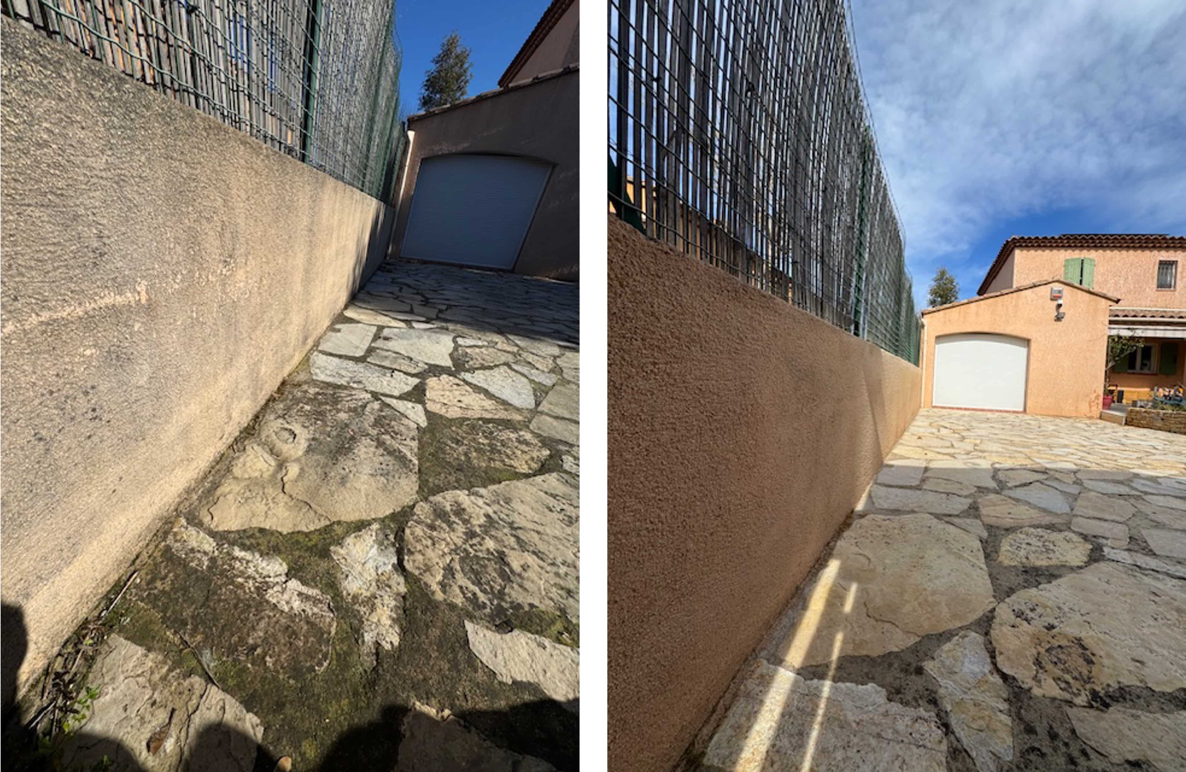 Mur et sol extérieur en pierre avant et après nettoyage et démoussage